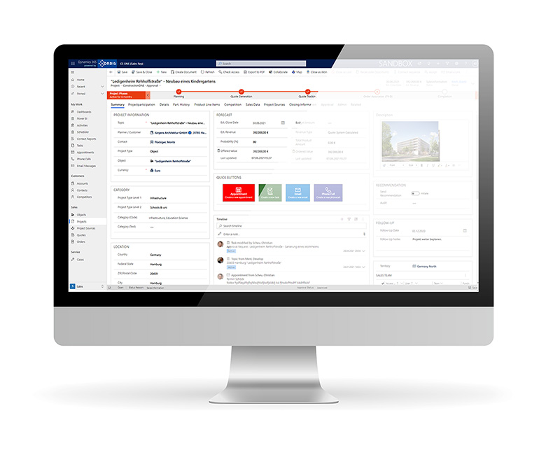 Mit Microsoft Dynamics-CRM haben unsere Kunden wichtige Daten immer Blick – webbasiert und zentral. Erfahren Sie alles rund um die umfangreichen Module der Software. Screenshot Microsoft Dynamics 365: CRM branchenspezifisch erweitern & Kundendaten verwalten