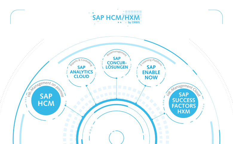 Die Spezialisten der ORBIS decken alle HR-Lösungen aus SAP HCM und SAP HXM ab Infografik zum Portfolio der SAP HCM und HXM-Produkte der ORBIS