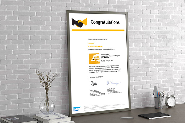 Zertifikat SAP S/4HANA Transition „10Steps2S4“ ORBIS hat erfolgreich am SAP-Programm „10Steps2S4“ teilgenommen.