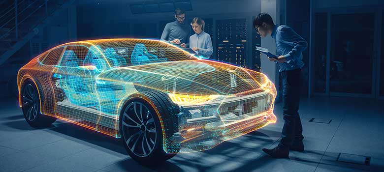 Eine Gruppe von Automobildesignern arbeiten virtuelle an einem 3D-Modell-Autoprototyp